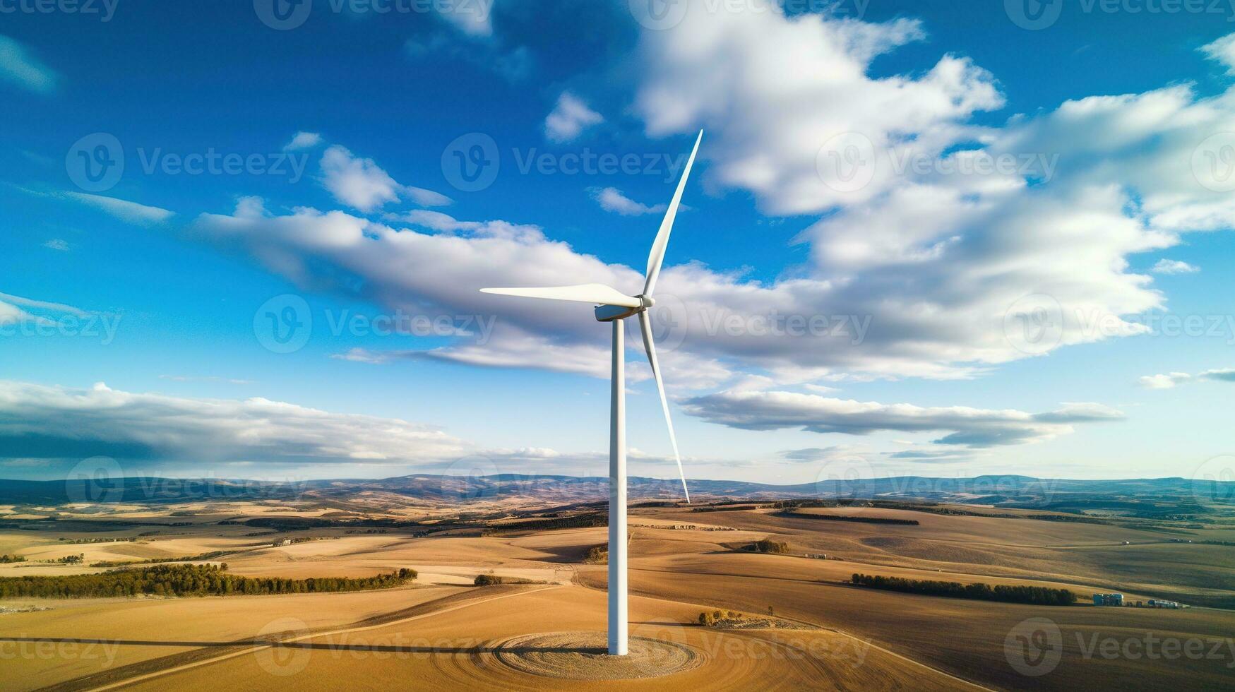 generativo ai, viento turbinas en un campo, verde granja paisaje. ambientalmente Respetuoso del medio ambiente poder generación. renovable energía fuente. foto