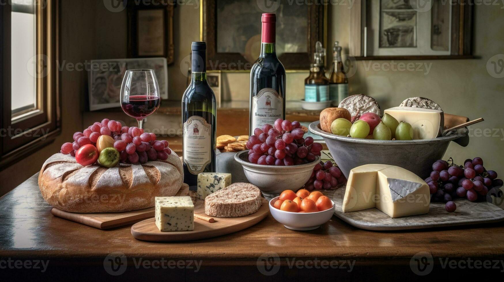 Generative AI, wine still life with grapes, rosemary, prosciutto, blue cheese, figs, bread. photo