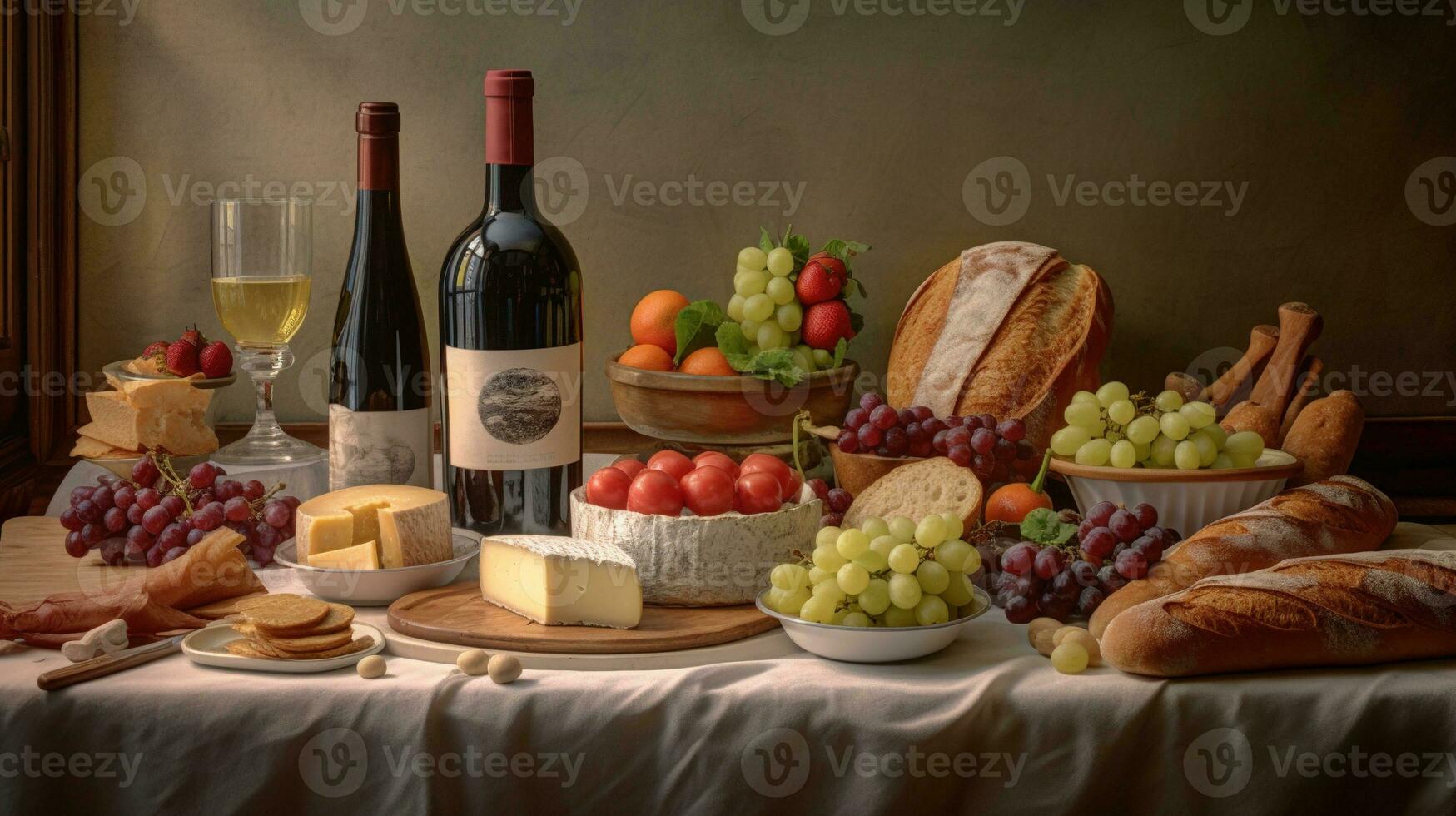 Generative AI, wine still life with grapes, rosemary, prosciutto, blue cheese, figs, bread. photo