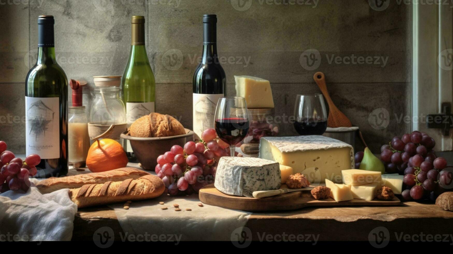 Generative AI, wine still life with grapes, rosemary, prosciutto, blue cheese, figs, bread. photo