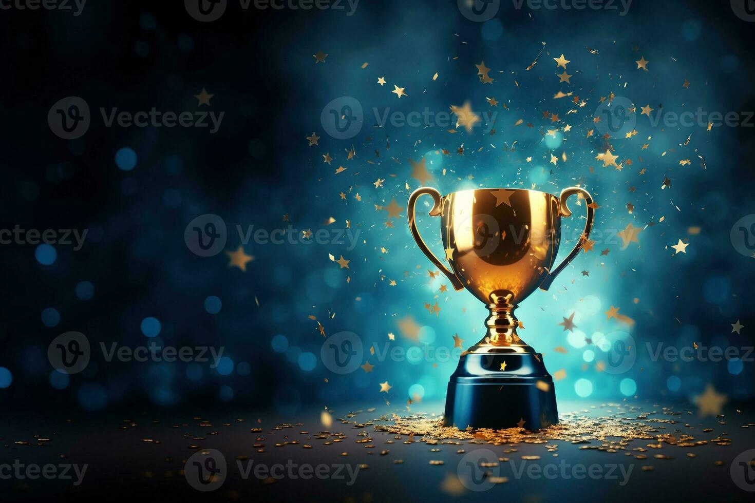 Generative AI, Winner trophy with flames, blue golden champion cup with falling confetti on blue background. photo