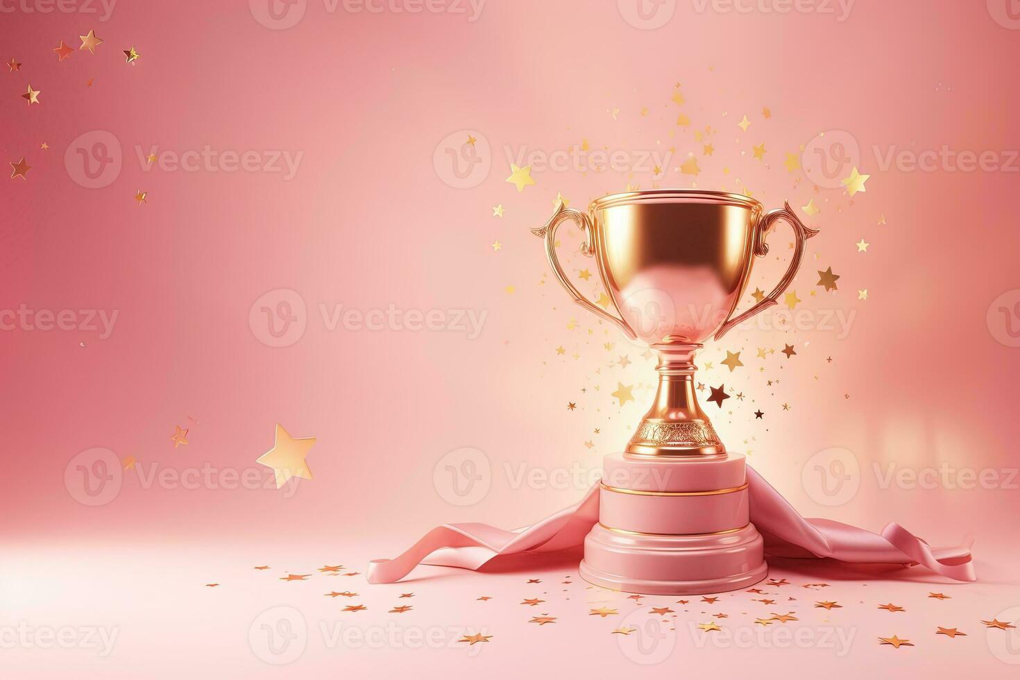 Generative AI, Winner trophy with flames, pink golden champion cup with falling confetti on pink background photo