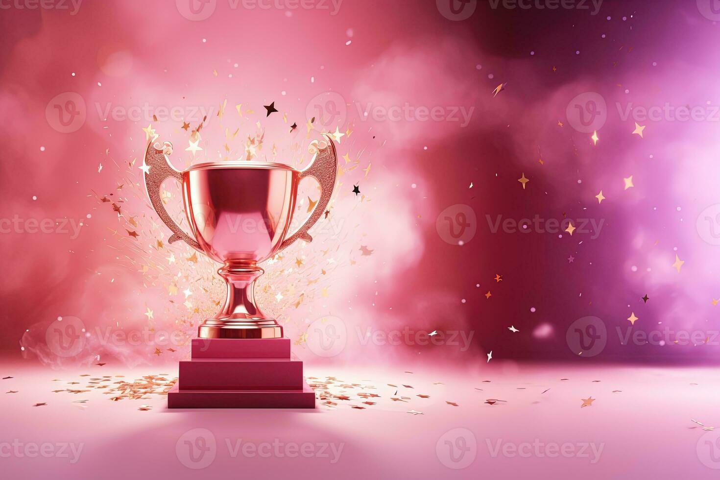 Generative AI, Winner trophy with flames, pink golden champion cup with falling confetti on pink background photo