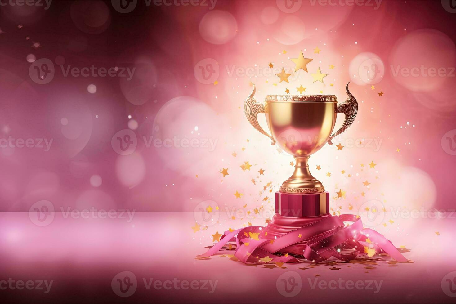Generative AI, Winner trophy with flames, pink golden champion cup with falling confetti on pink background photo