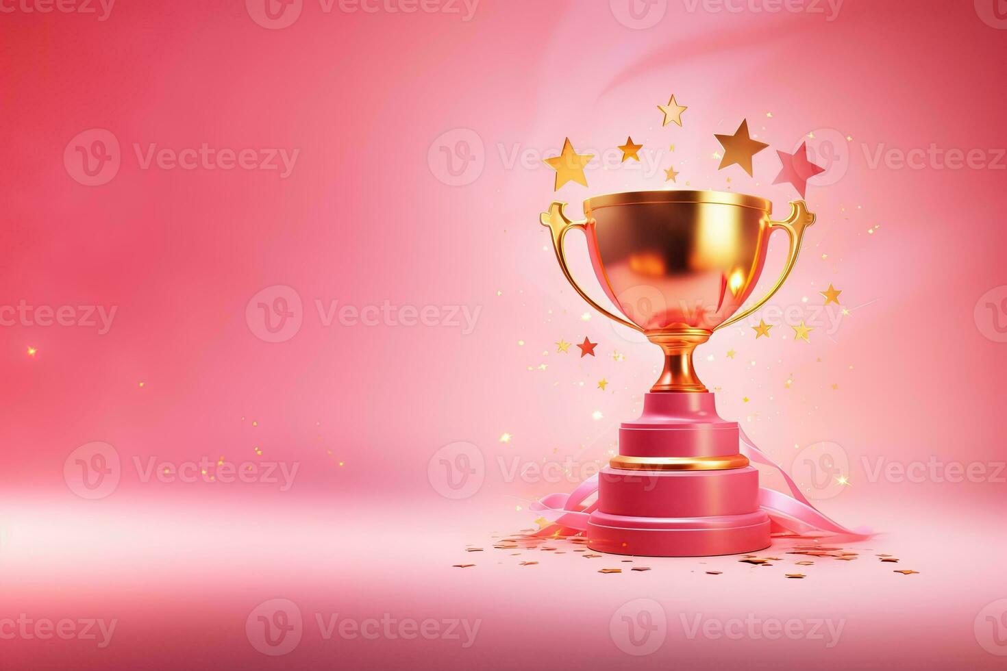 Generative AI, Winner trophy with flames, pink golden champion cup with falling confetti on pink background photo