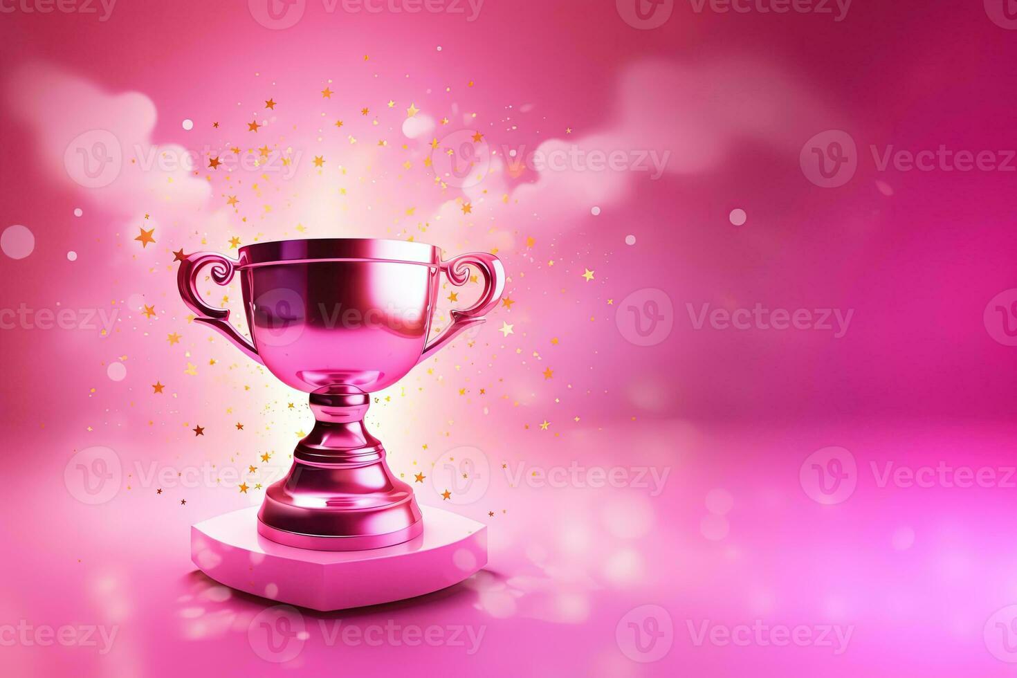 Generative AI, Winner trophy with flames, pink golden champion cup with falling confetti on pink background photo