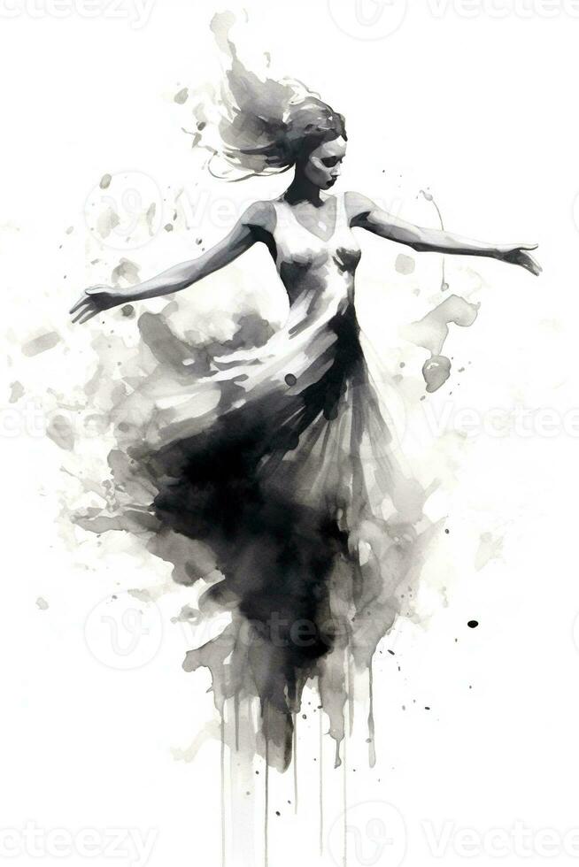 Generative AI, Beautiful dancing woman drawn by black ink or watercolor. Hand paint black and white fashion sketch. photo