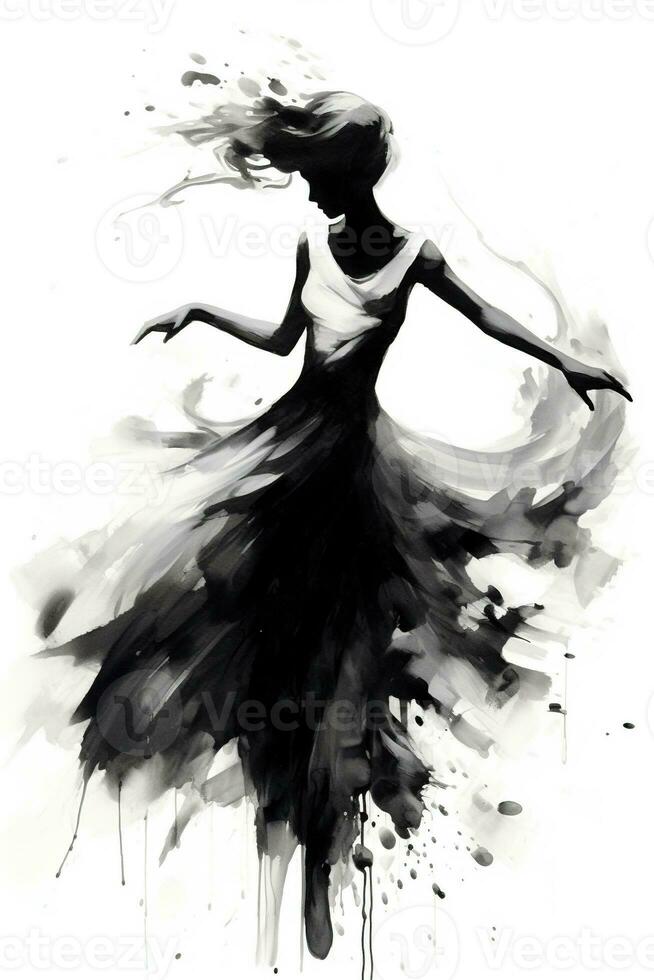 Generative AI, Beautiful dancing woman drawn by black ink or watercolor. Hand paint black and white fashion sketch. photo