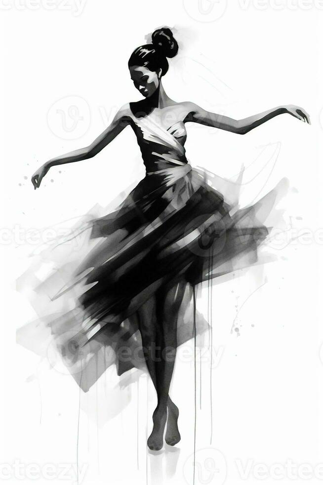 Generative AI, Beautiful dancing woman drawn by black ink or watercolor. Hand paint black and white fashion sketch. photo