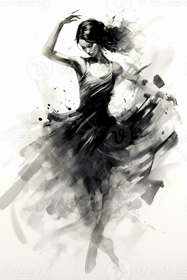 Generative AI, Beautiful dancing woman drawn by black ink or watercolor. Hand paint black and white fashion sketch. photo