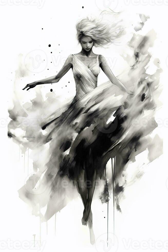 Generative AI, Beautiful dancing woman drawn by black ink or watercolor. Hand paint black and white fashion sketch. photo