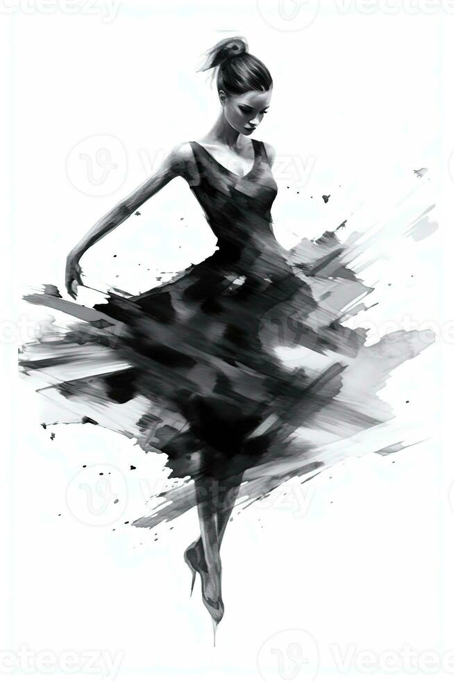 Generative AI, Beautiful dancing woman drawn by black ink or watercolor. Hand paint black and white fashion sketch. photo