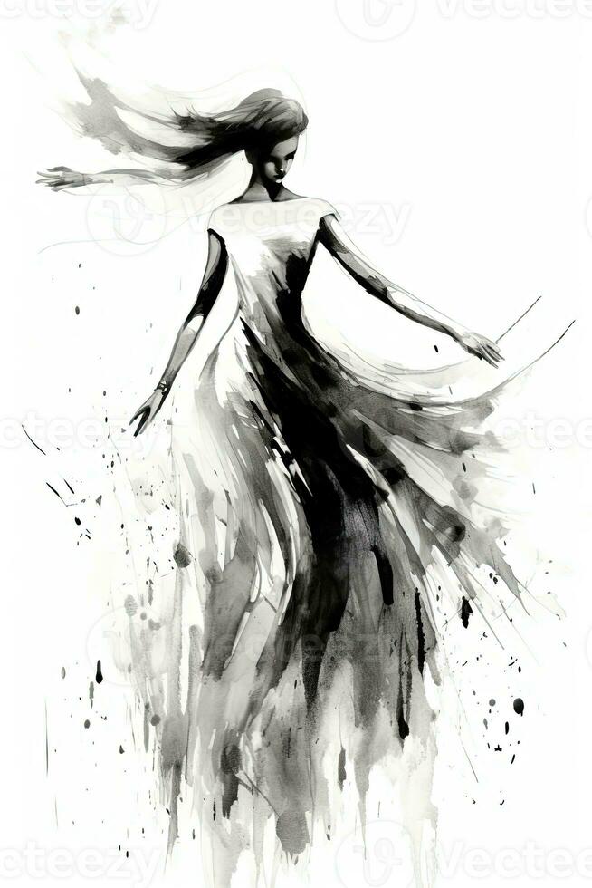 Generative AI, Beautiful dancing woman drawn by black ink or watercolor. Hand paint black and white fashion sketch. photo