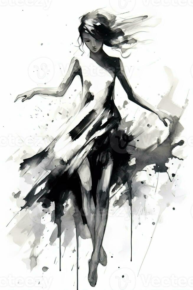 generativo ai, hermosa bailando mujer dibujado por negro tinta o acuarela. mano pintar negro y blanco Moda bosquejo. foto