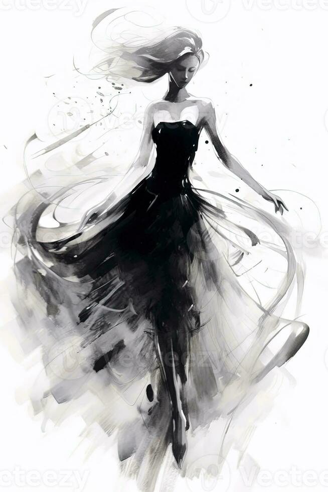 Generative AI, Beautiful dancing woman drawn by black ink or watercolor. Hand paint black and white fashion sketch. photo