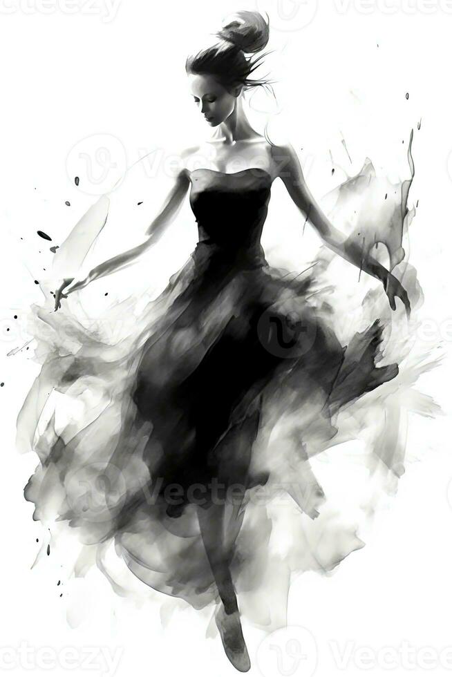 Generative AI, Beautiful dancing woman drawn by black ink or watercolor. Hand paint black and white fashion sketch. photo