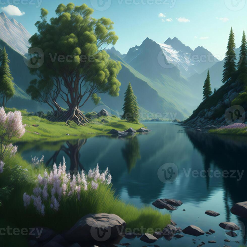 un pintura de un árbol y flores en el montañas ai generado foto