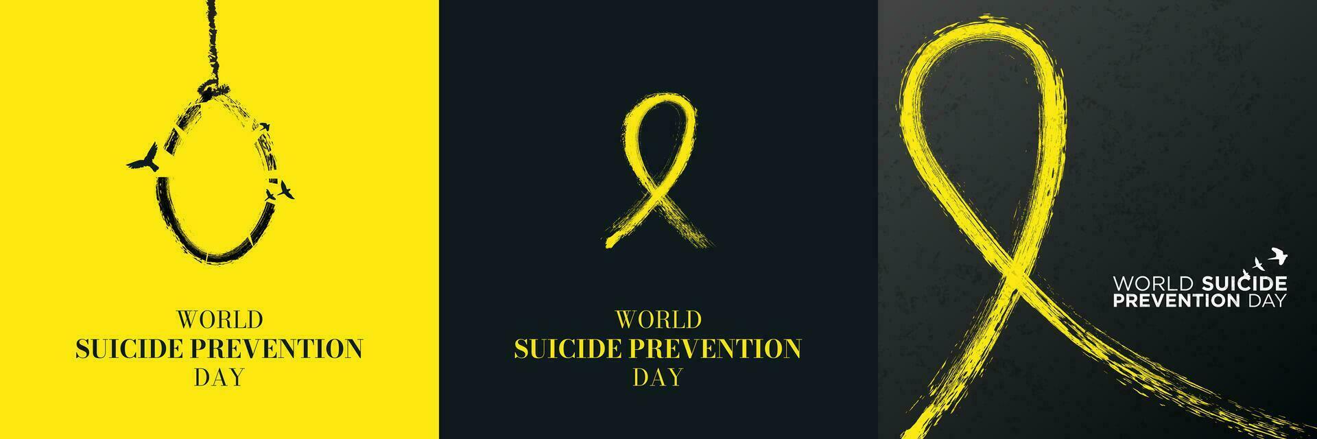 Set of World Suicide Prevention Day Artworks. Minimal and brush concept. Painted yellow awareness ribbon. Editable Vector Illustration. EPS 10.