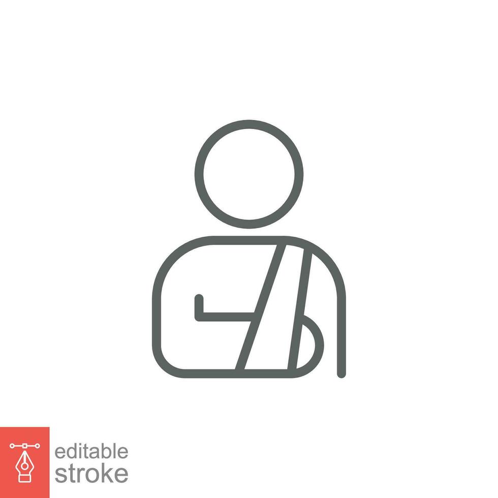 Injured man in bandage icon. Simple outline style. Broken arm, patient, person, wound, medical concept. Thin line symbol. Vector illustration isolated on white background. Editable stroke EPS 10.