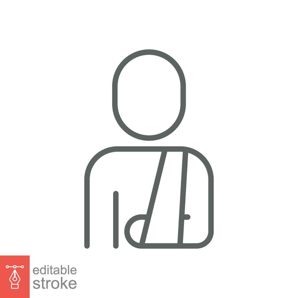 Injured man in bandage icon. Simple outline style. Broken arm, patient, person, wound, medical concept. Thin line symbol. Vector illustration isolated on white background. Editable stroke EPS 10.