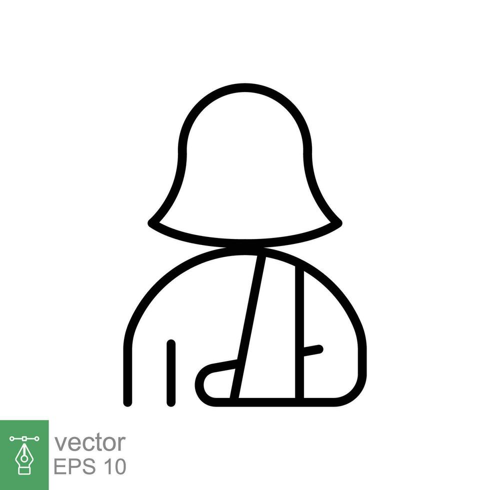 Injured woman in bandage icon. Simple outline style. Broken arm, patient, injury, person, female, wound, medical concept. Thin line symbol. Vector illustration isolated on white background. EPS 10.