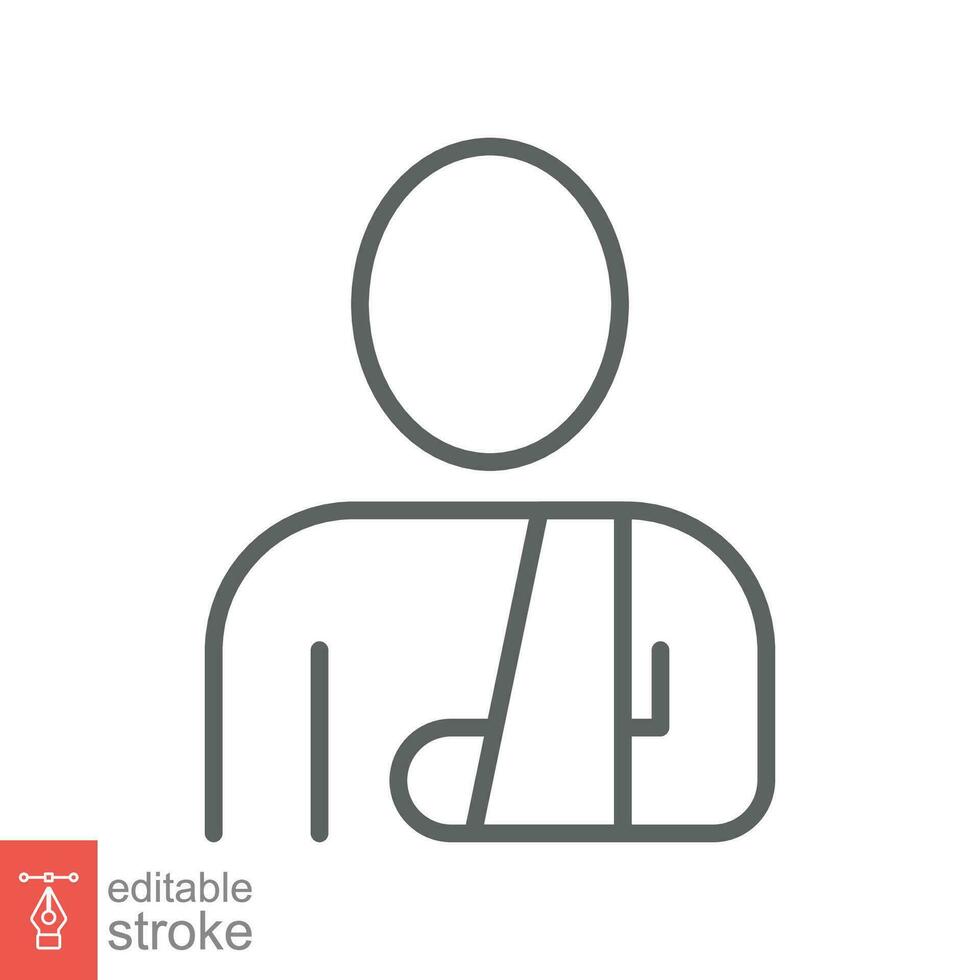 Injured man in bandage icon. Simple outline style. Broken arm, patient, person, wound, medical concept. Thin line symbol. Vector illustration isolated on white background. Editable stroke EPS 10.