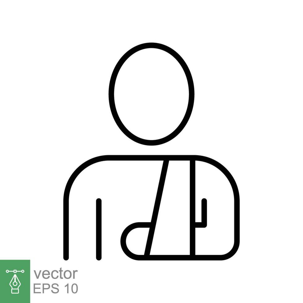 Injured man in bandage icon. Simple outline style. Broken arm, patient, injury, person, wound, medical concept. Thin line symbol. Vector illustration isolated on white background. EPS 10.