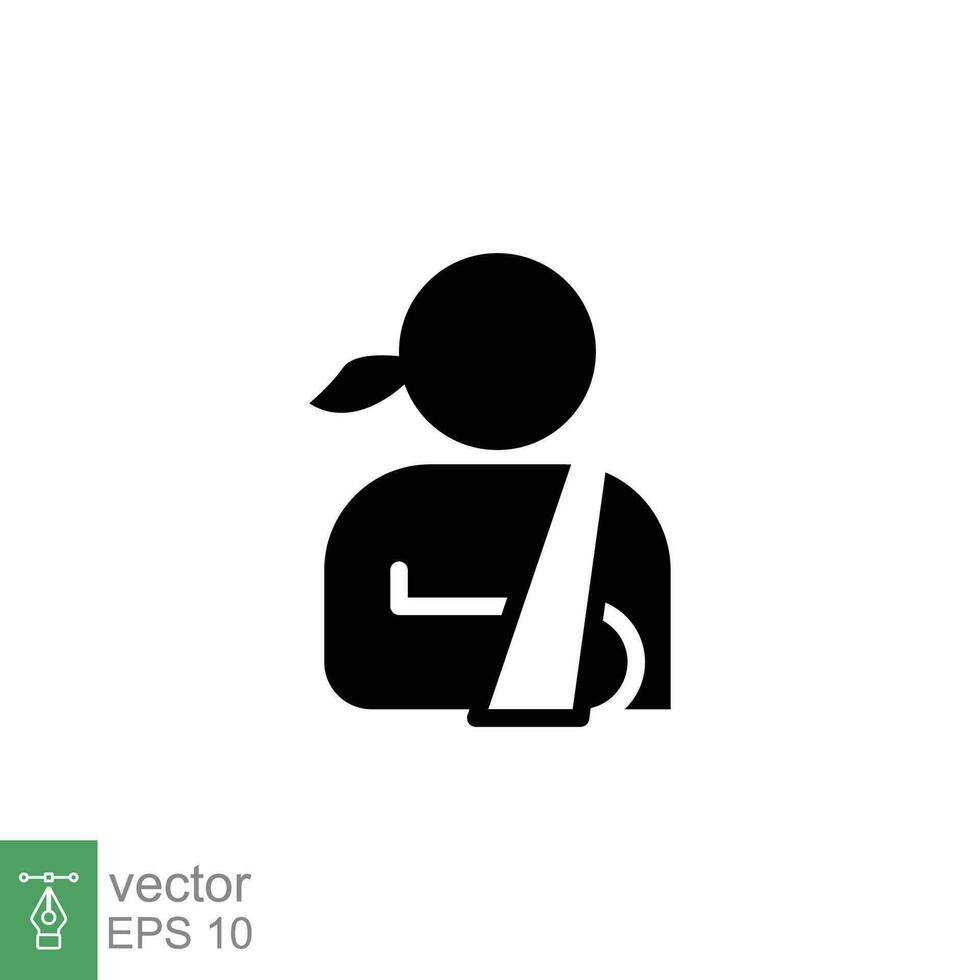 Injured woman in bandage icon. Simple solid style. Broken arm, patient, person, female, medical concept. Black silhouette, glyph symbol. Vector illustration isolated on white background. EPS 10.