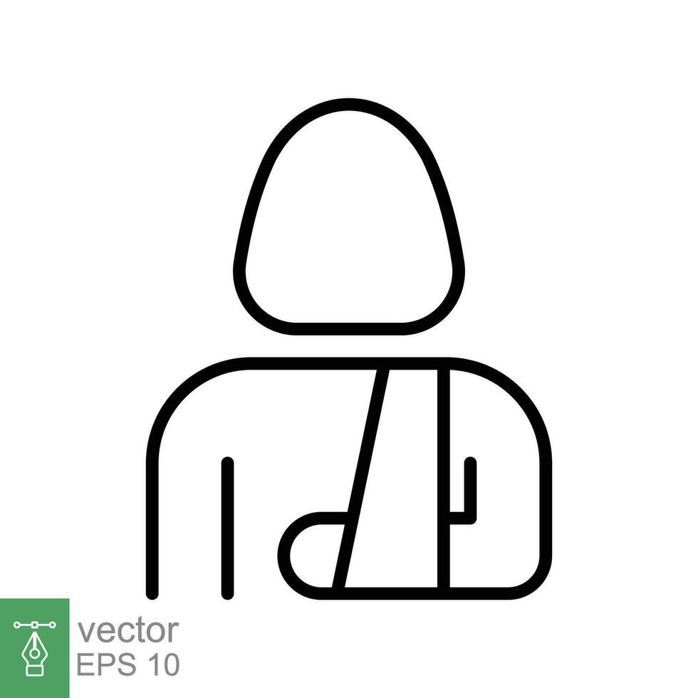 Injured woman in bandage icon. Simple outline style. Broken arm, patient, injury, person, female, wound, medical concept. Thin line symbol. Vector illustration isolated on white background. EPS 10.