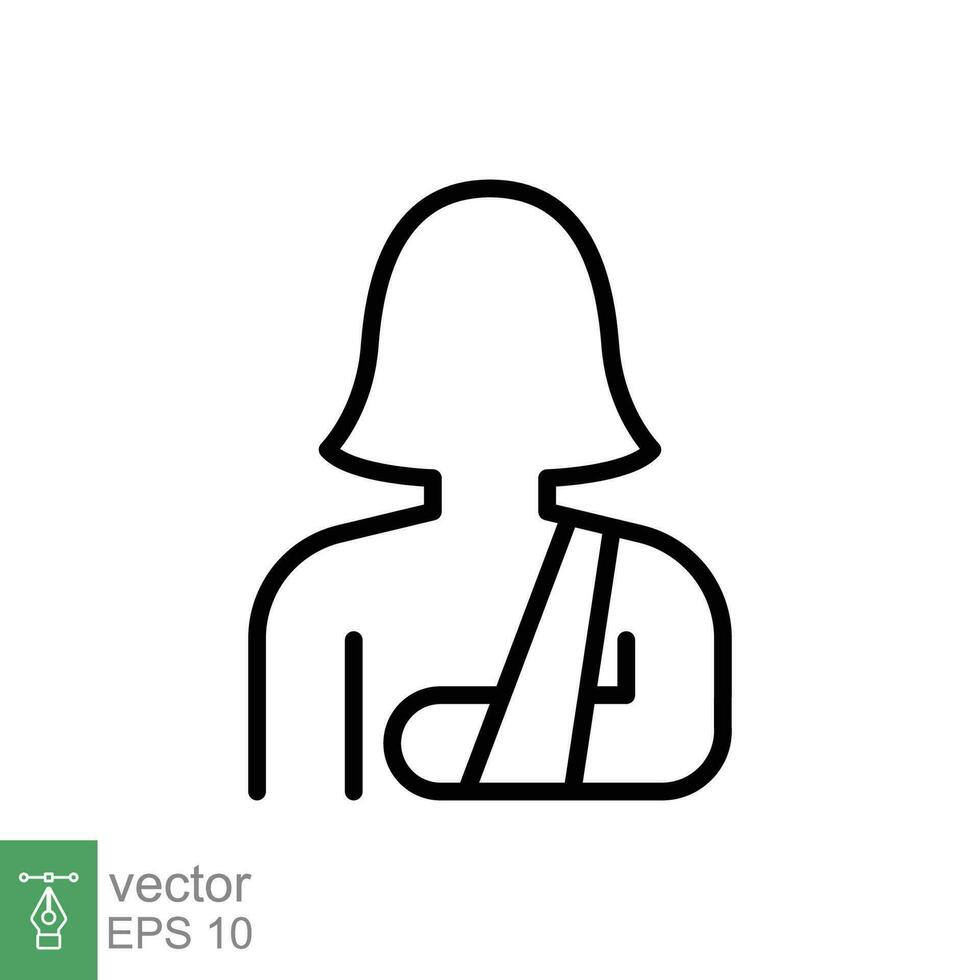 lesionado mujer en vendaje icono. sencillo contorno estilo. roto brazo, paciente, lesión, persona, femenino, herida, médico concepto. Delgado línea símbolo. vector ilustración aislado en blanco antecedentes. eps 10