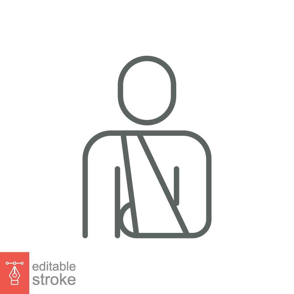 Injured man in bandage icon. Simple outline style. Broken arm, patient, person, wound, medical concept. Thin line symbol. Vector illustration isolated on white background. Editable stroke EPS 10.