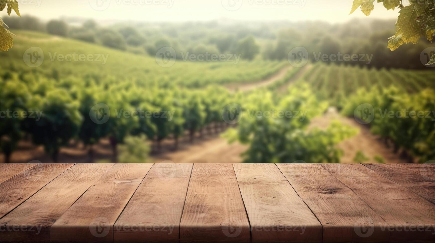 Empty Wooden Table ready for Product Display. Blurred French vineyard in the background. photo