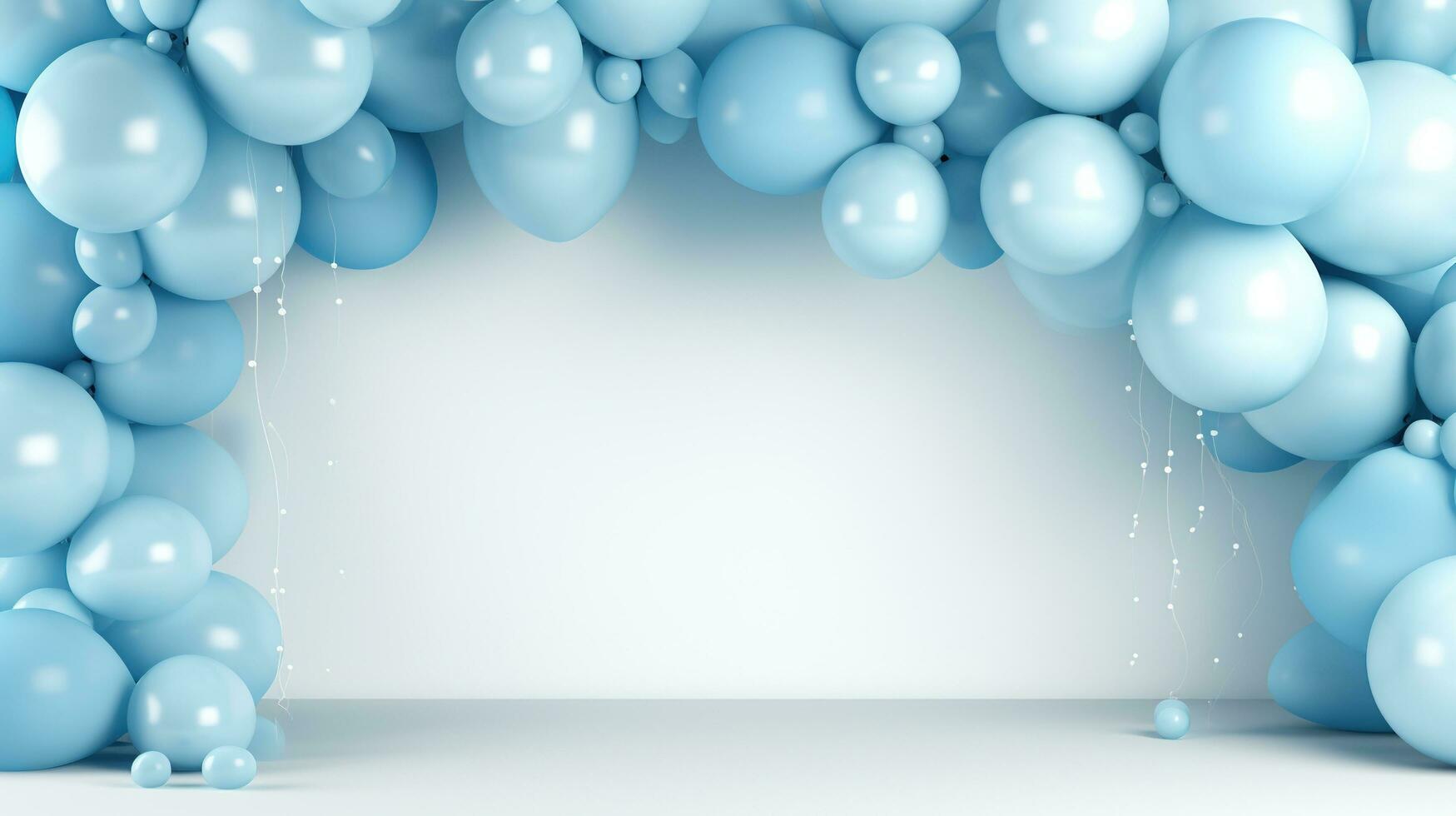Generative AI, arch of blue balloons. Birthday party for boy 3d background, shower. Mockup, template for greetiing card. photo