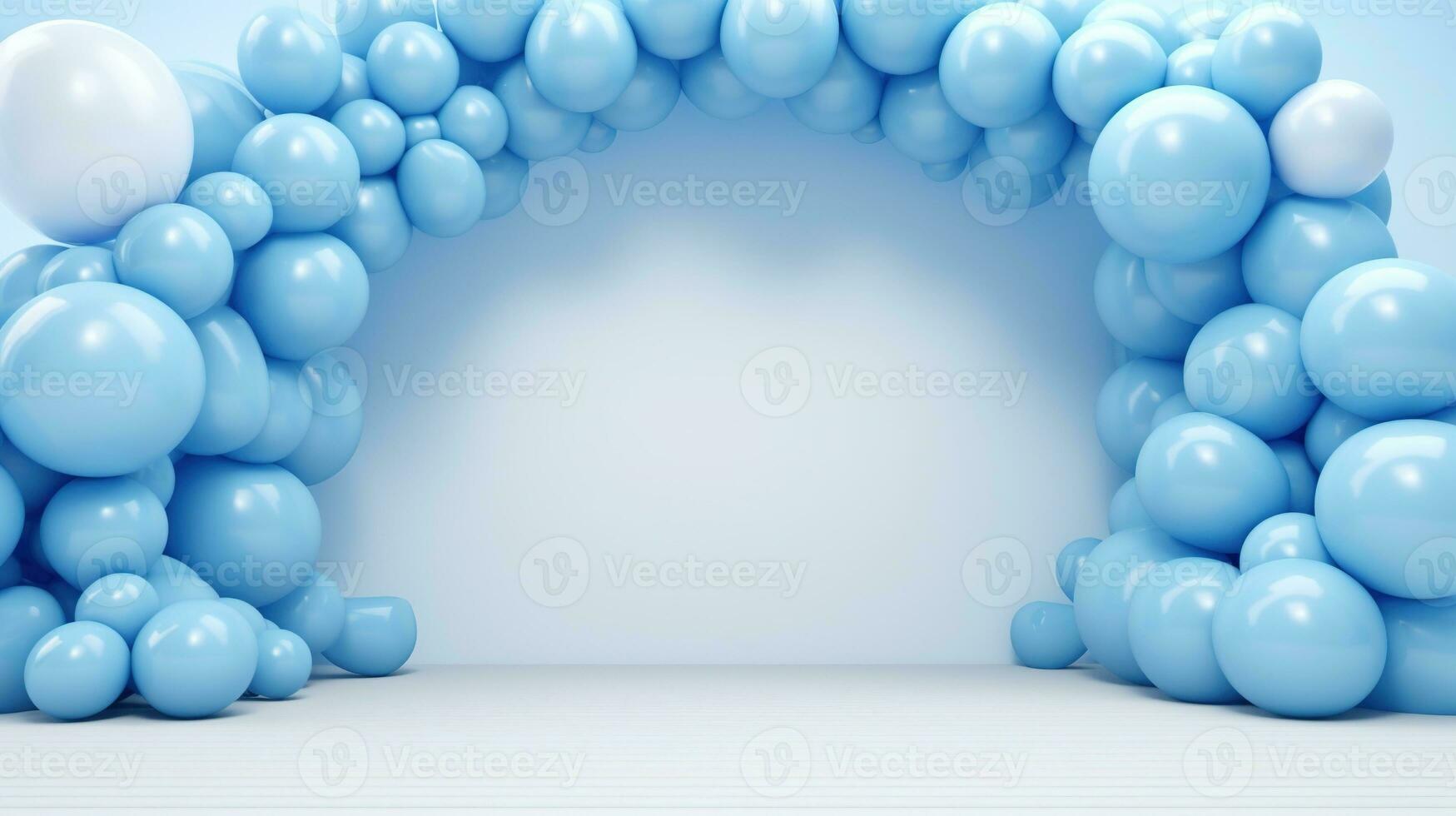 Generative AI, arch of blue balloons. Birthday party for boy 3d background, shower. Mockup, template for greetiing card. photo