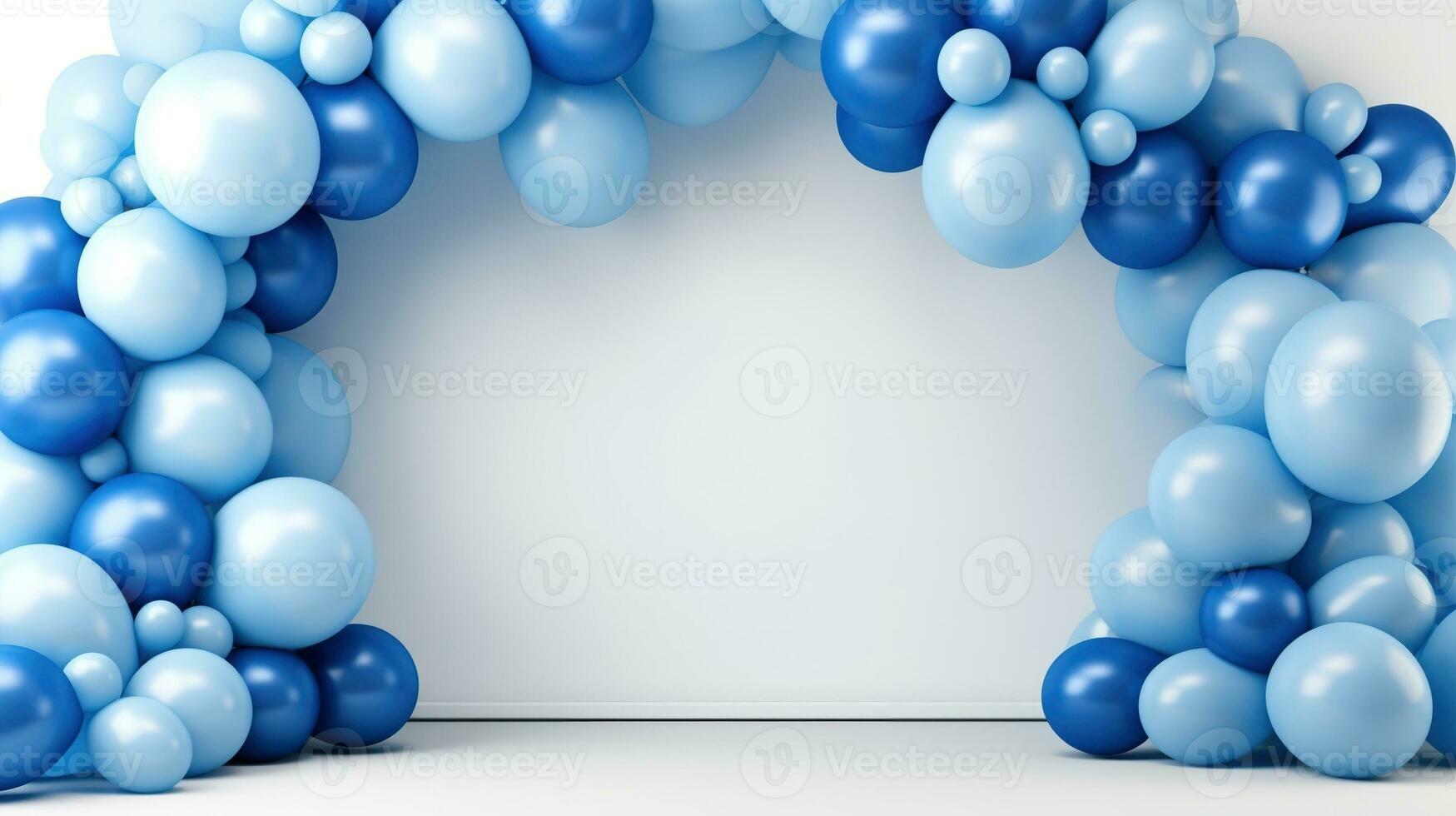 Generative AI, arch of blue balloons. Birthday party for boy 3d background, shower. Mockup, template for greetiing card. photo