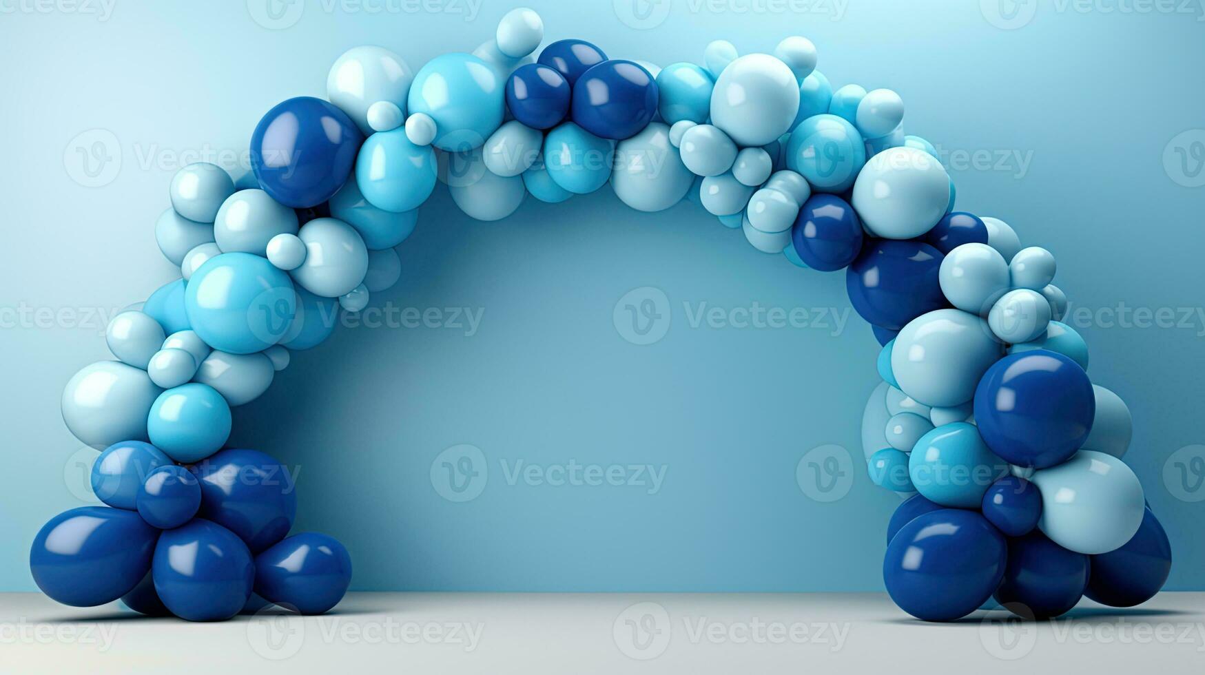 Generative AI, arch of blue balloons. Birthday party for boy 3d background, shower. Mockup, template for greetiing card. photo