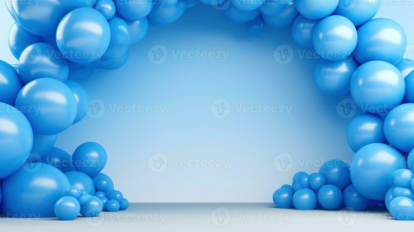 Generative AI, arch of blue balloons. Birthday party for boy 3d background, shower. Mockup, template for greetiing card. photo