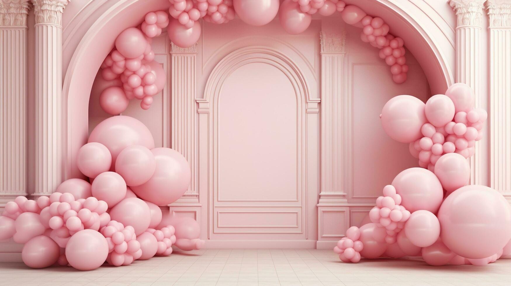 Generative AI, arch of pink balloons. Birthday party for girl 3d background, shower. Mockup, template for greetiing card photo