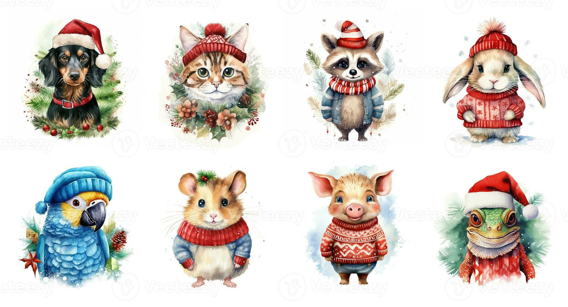 Generative AI, cute different animal pets in Christmas hats and ugly sweaters, watercolor style. photo