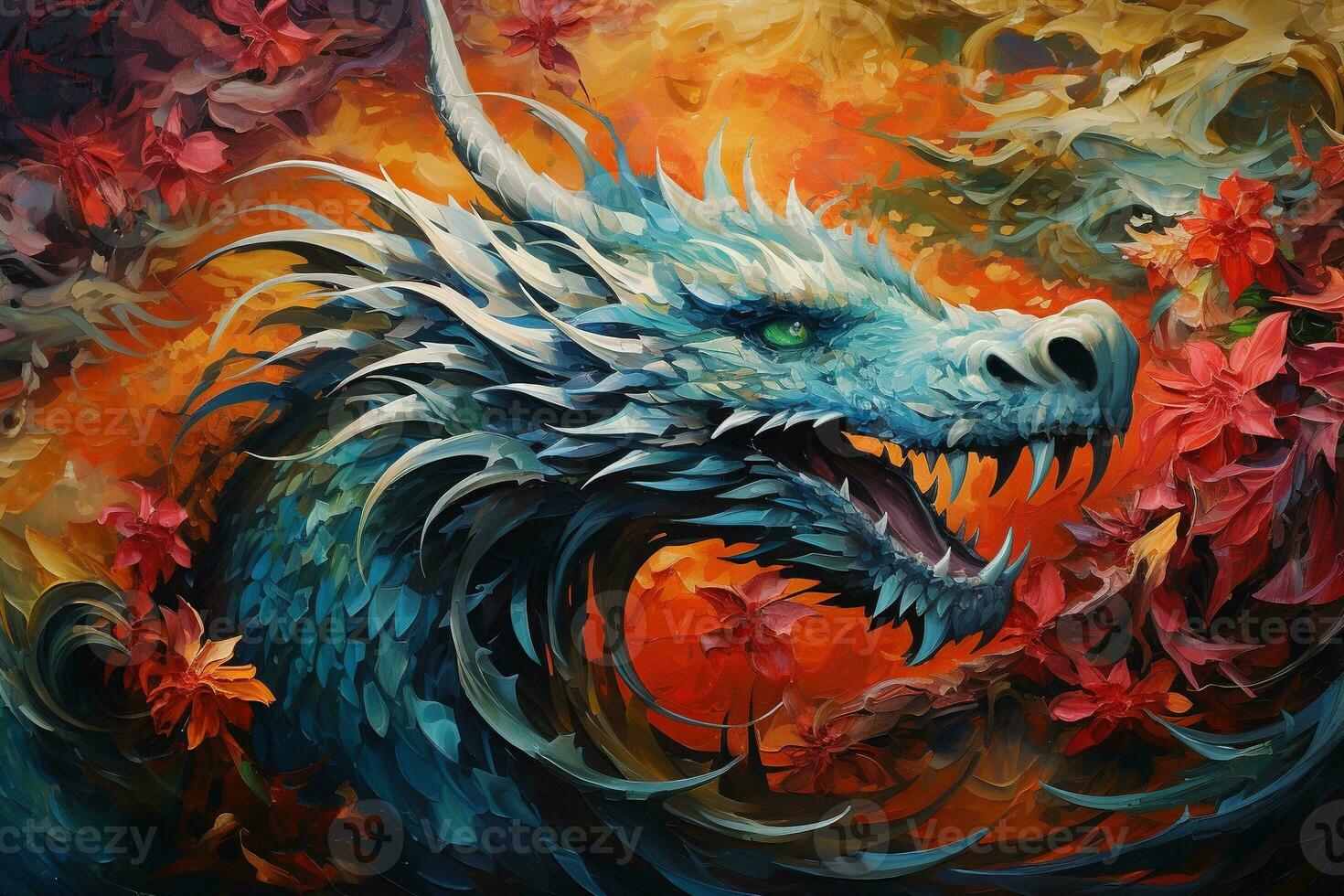 Generative AI, Dragon drawn fantasy illustration in impasto style. Symbol of New Year 2024, Chinese zodiac photo
