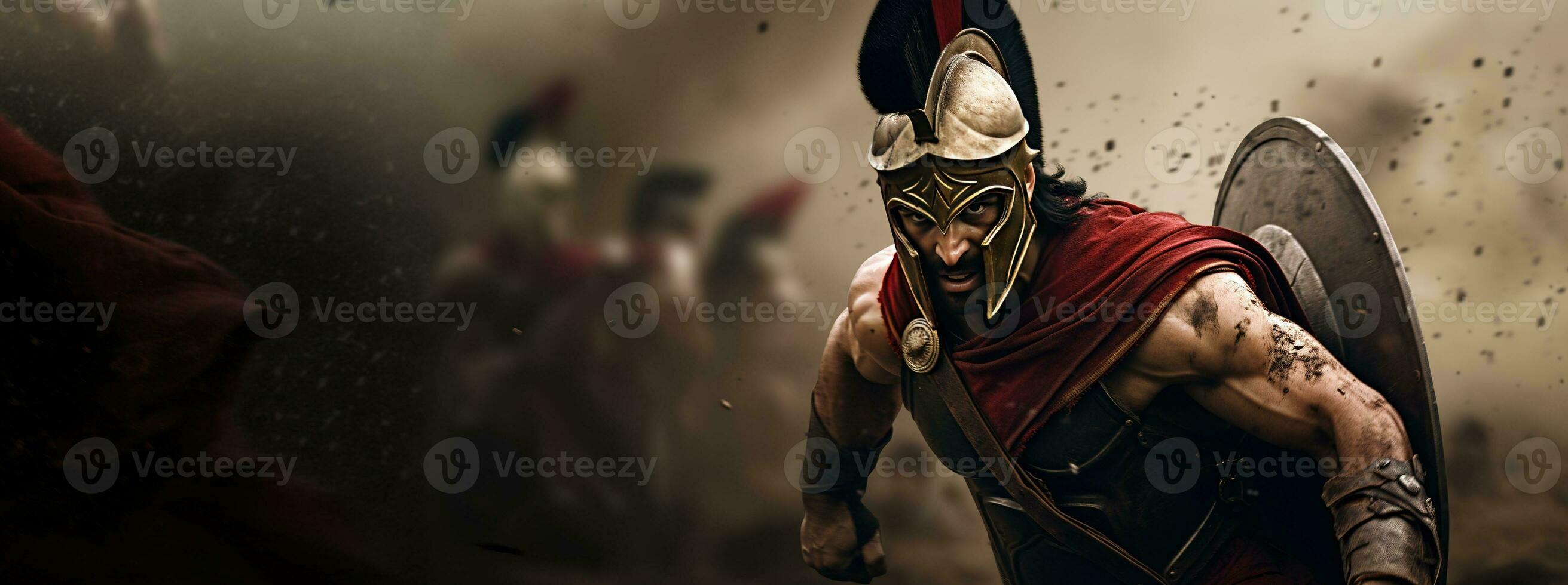 Generative AI, Realistic illustration of a fierce gladiator attacking, running. Armoured roman gladiator in combat wielding a sword charging towards his enemy. photo
