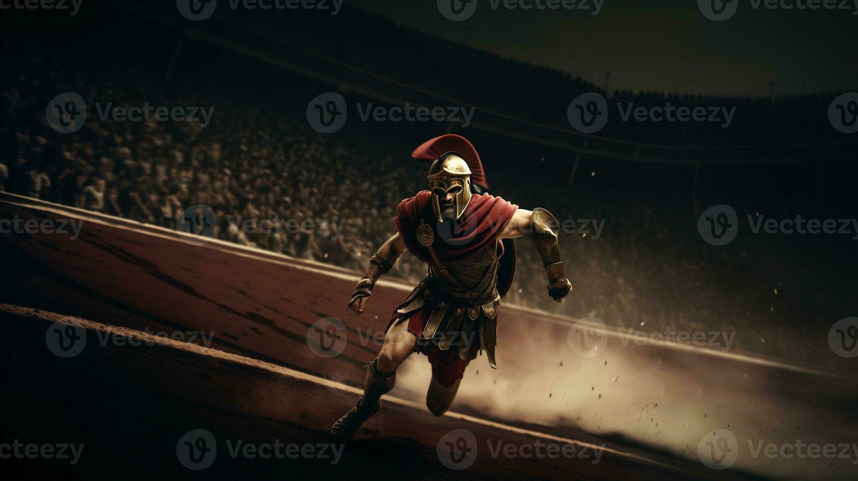 Generative AI, Realistic illustration of a fierce gladiator attacking, running. Armoured roman gladiator in combat wielding a sword charging towards his enemy. photo