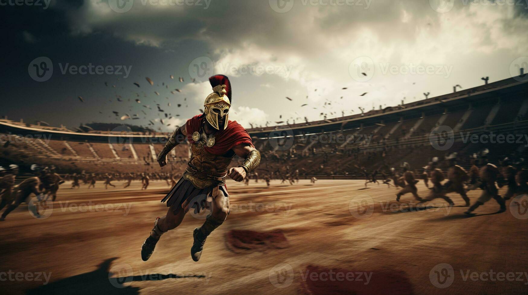 Generative AI, Realistic illustration of a fierce gladiator attacking, running. Armoured roman gladiator in combat wielding a sword charging towards his enemy. photo