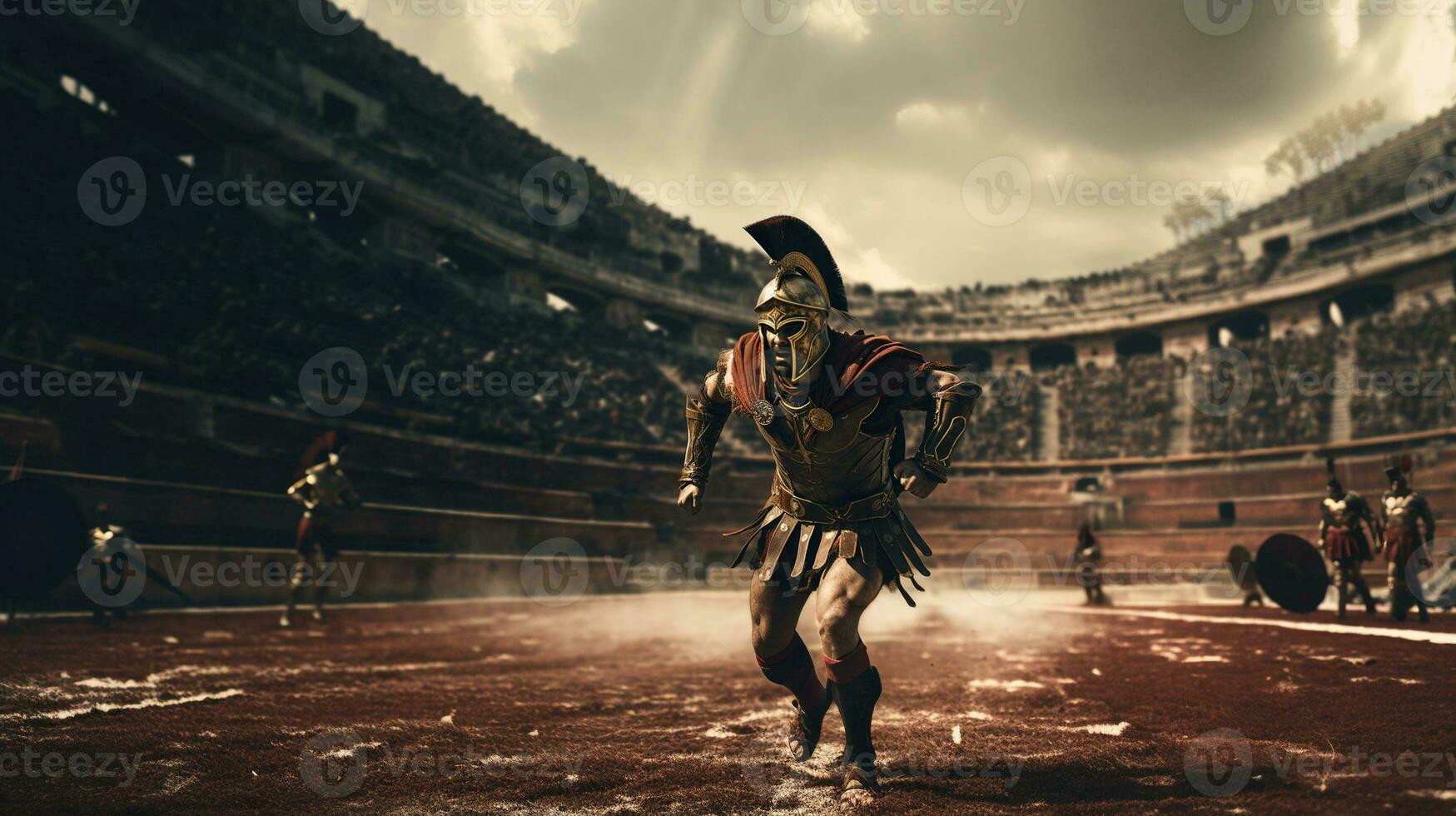 Generative AI, Realistic illustration of a fierce gladiator attacking, running. Armoured roman gladiator in combat wielding a sword charging towards his enemy. photo