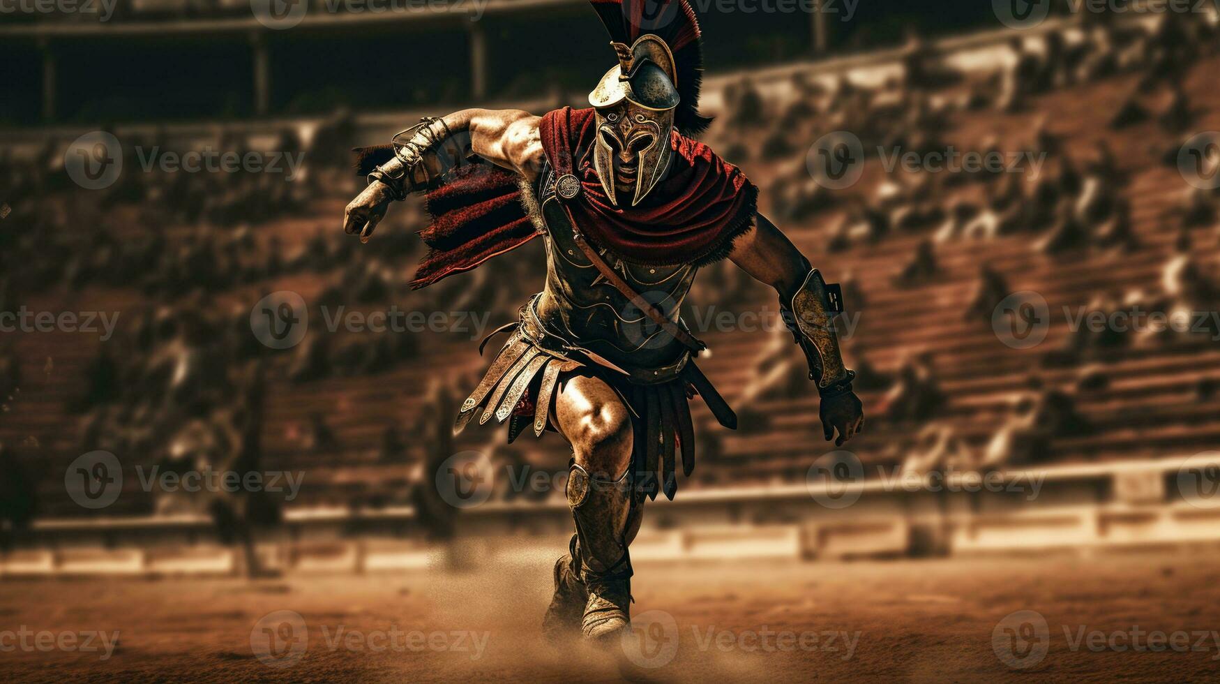 Generative AI, Realistic illustration of a fierce gladiator attacking, running. Armoured roman gladiator in combat wielding a sword charging towards his enemy. photo