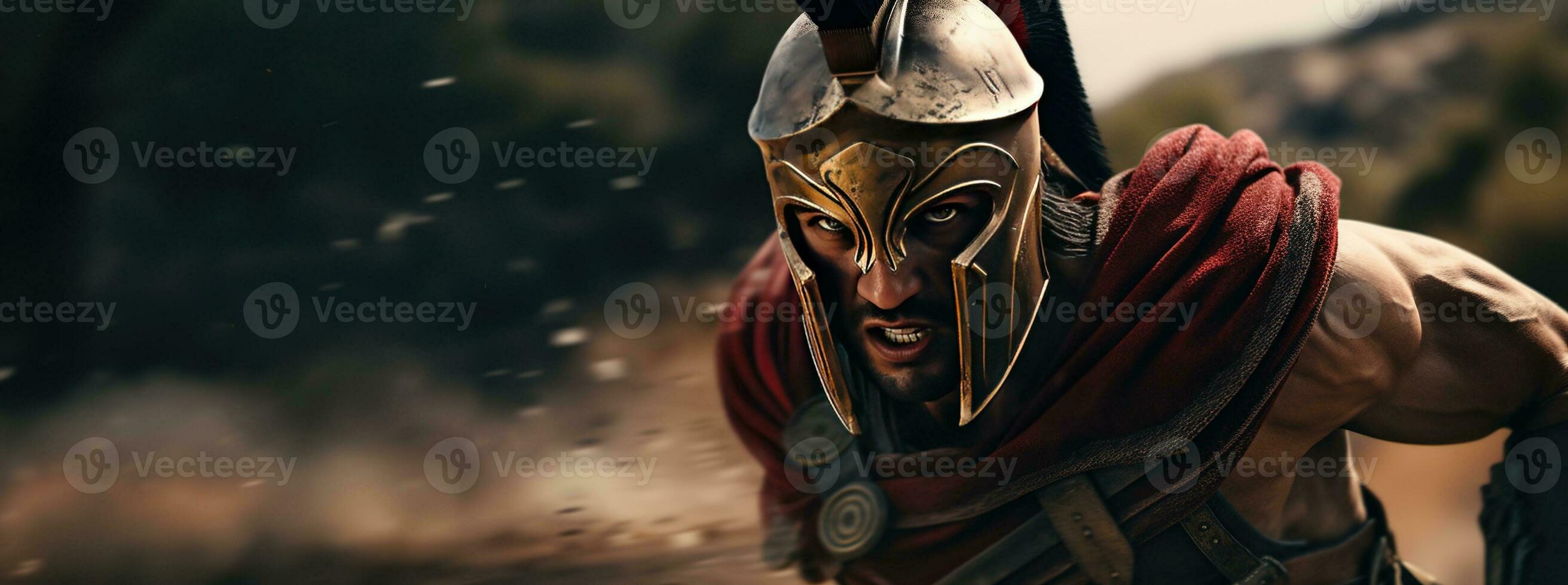 Generative AI, Realistic illustration of a fierce gladiator attacking, running. Armoured roman gladiator in combat wielding a sword charging towards his enemy. photo