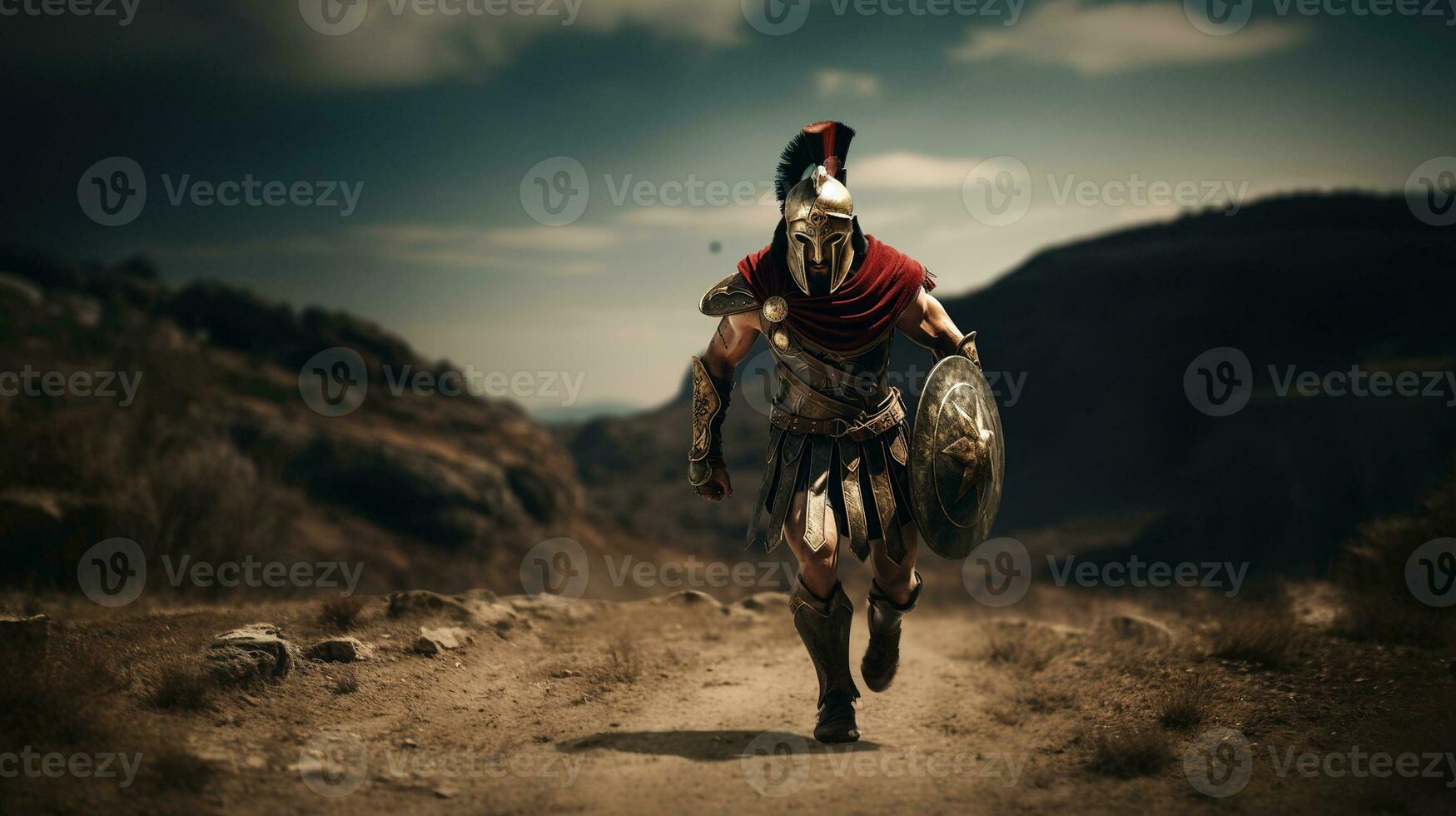 Generative AI, Realistic illustration of a fierce gladiator attacking, running. Armoured roman gladiator in combat wielding a sword charging towards his enemy. photo