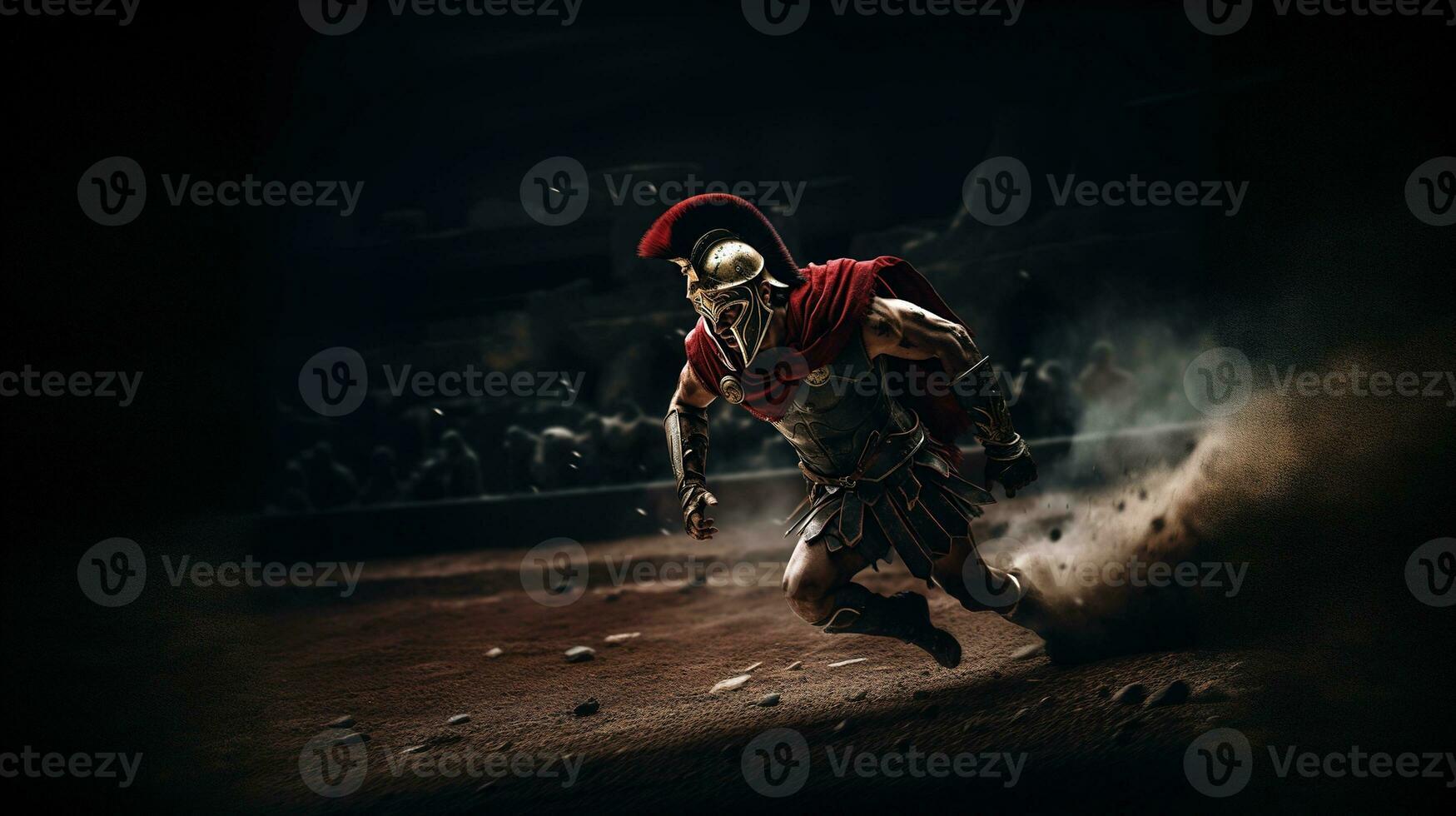 Generative AI, Realistic illustration of a fierce gladiator attacking, running. Armoured roman gladiator in combat wielding a sword charging towards his enemy. photo