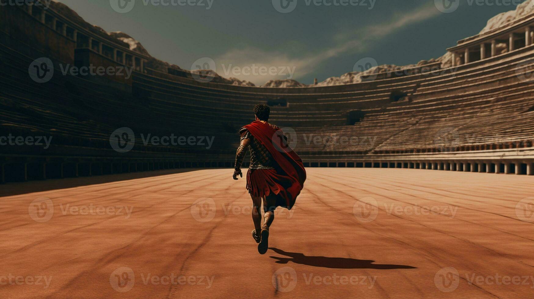 Generative AI, Realistic illustration of a fierce gladiator attacking, running. Armoured roman gladiator in combat wielding a sword charging towards his enemy. photo