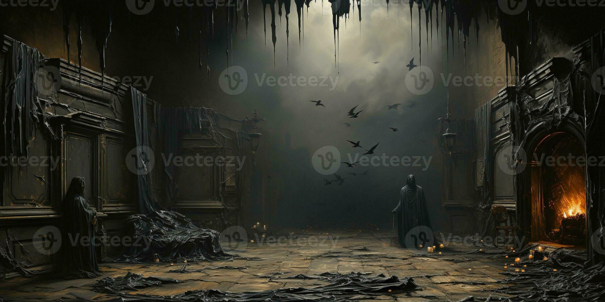Generative AI, gothic ruined black interior and landscape  in the style of gloomy fantasy photo